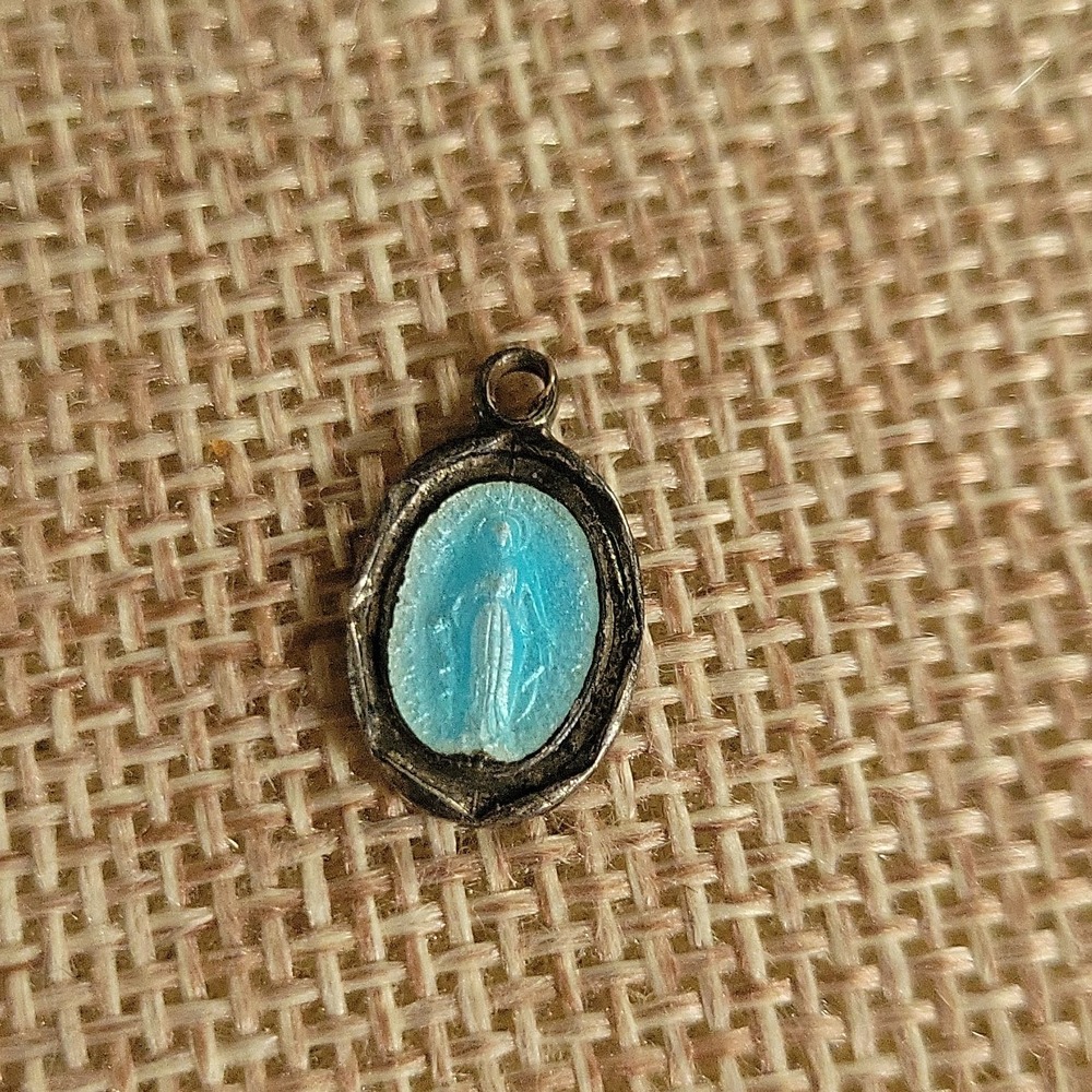 Vintage Blue Enamel Miraculous Medal Virgin Mary Pendant Small .75in Cottagecore
